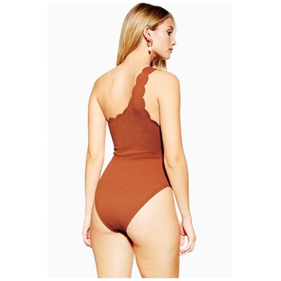 Topshop scallop one shoulder one piece swimsuit rust size 2 - Picture 3 of 8
